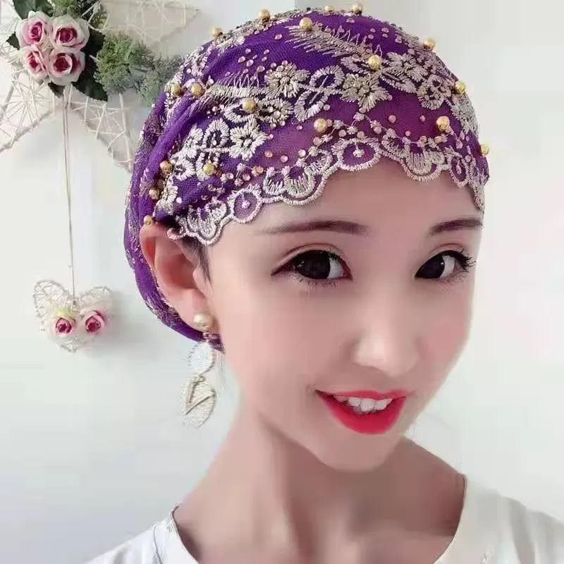 Bonnet Hijab Femme Brodé – Style Turban, Respirant et Confortable, Dentelle avec Perles Dorées