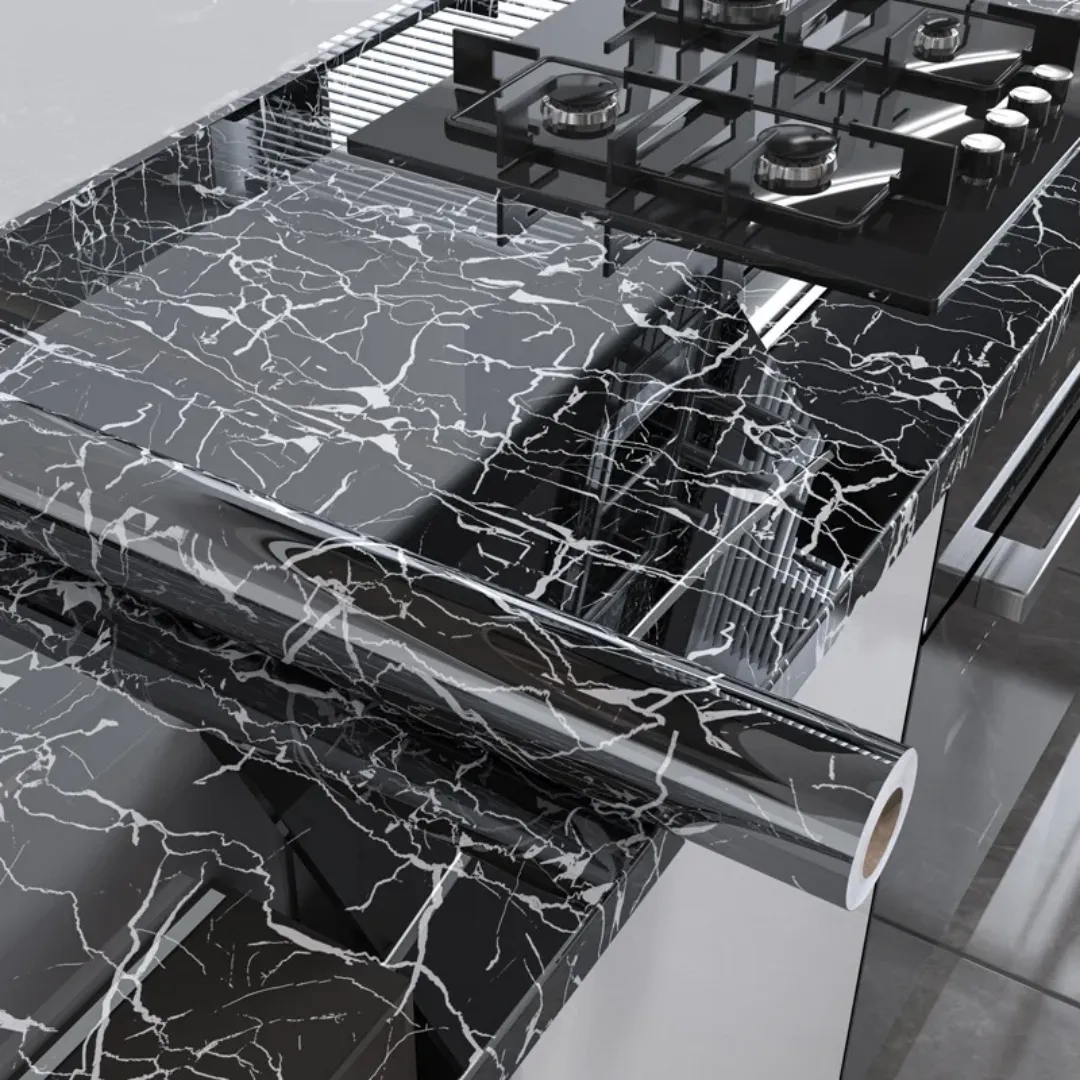 Papier Adhésif Effet Marbre Noir – Étanche, Résistant à l’Huile, Autocollant pour Plan de Travail, C