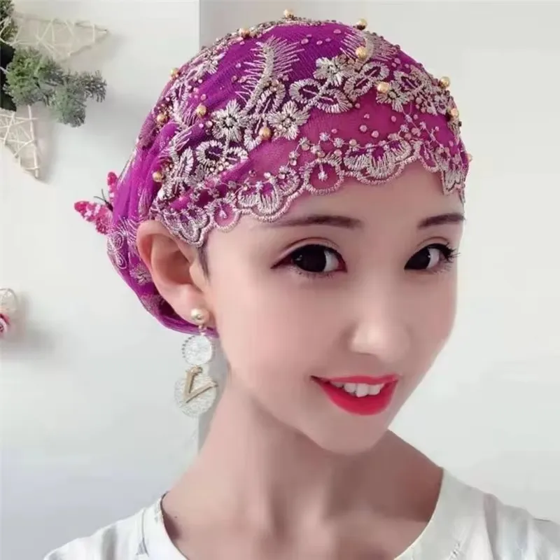 Bonnet Hijab Femme Brodé – Style Turban, Respirant et Confortable, Dentelle avec Perles Dorées