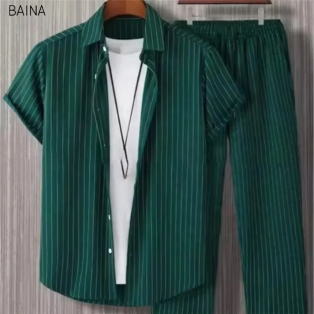 Ensemble Homme Décontracté à Rayures – Chemise et Pantalon Stylé