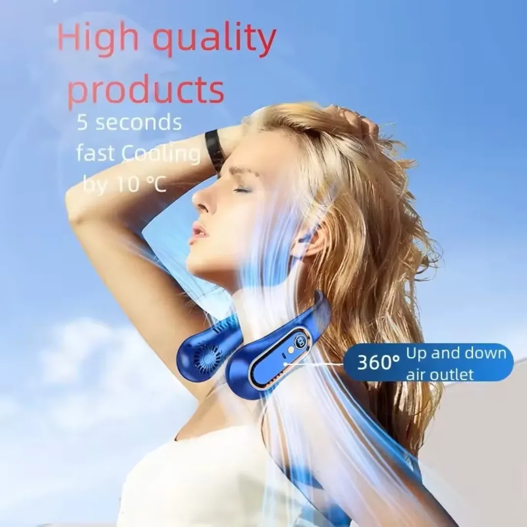Ventilateur de Cou USB Rechargeable – Refroidissement Portable, Écran LED, 3 Vitesses, Design Ergono
