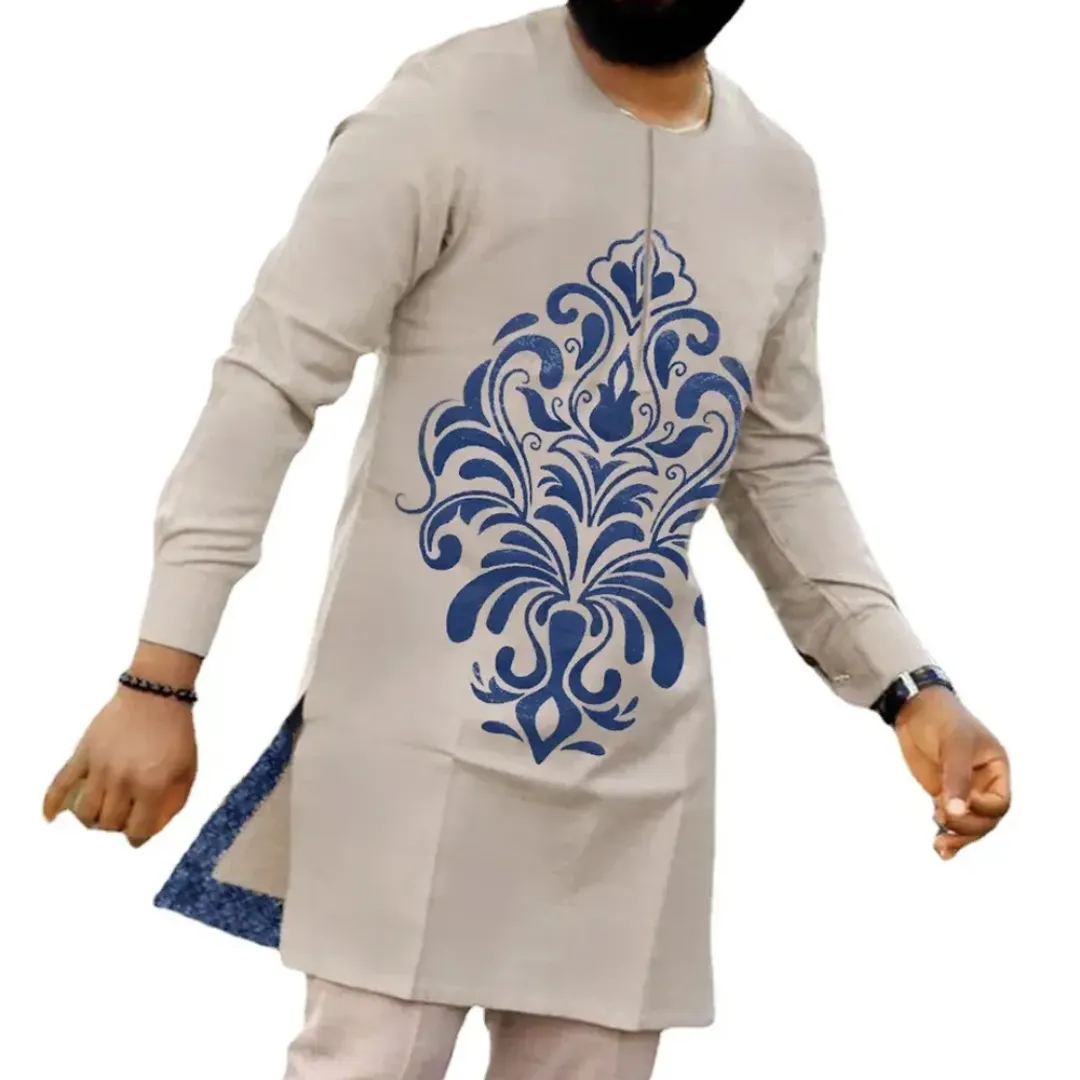 Tunique Africaine Homme – Beige avec Motif Royal Bleu