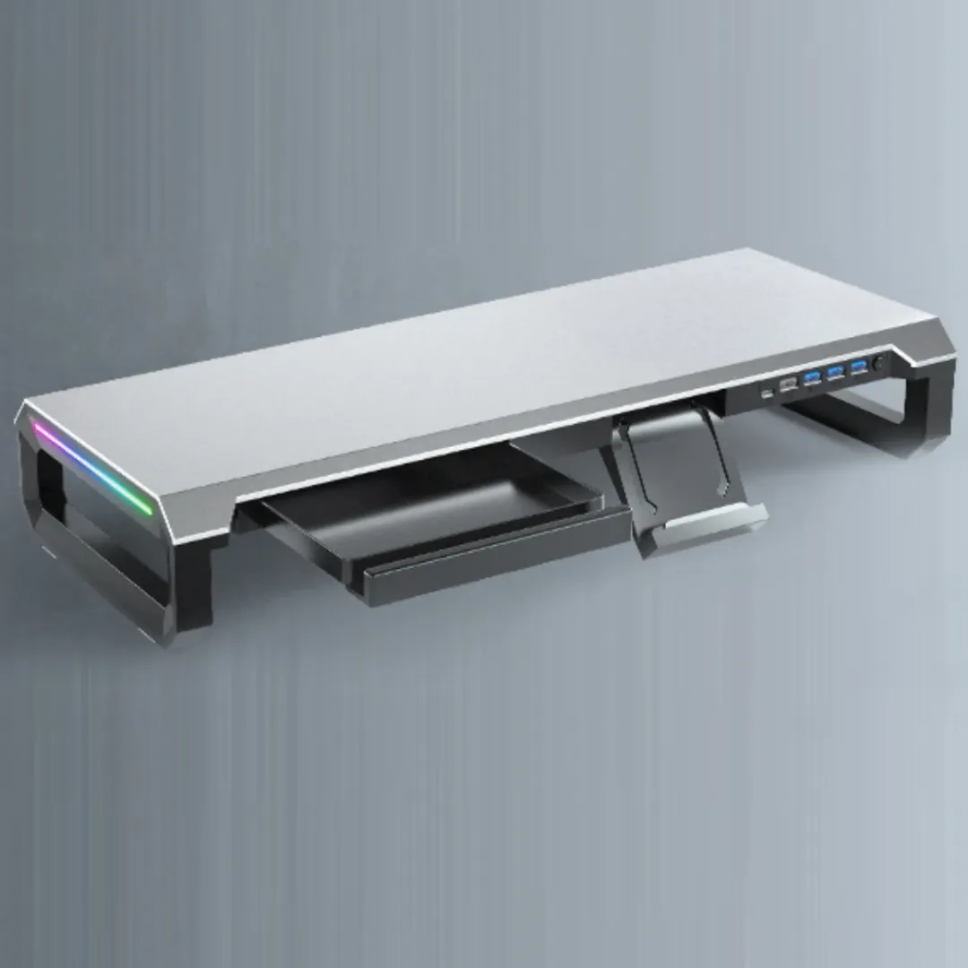 Support de moniteur multifonction avec 4 ports USB – Tiroir intégré – Refroidissement passif – Design ergonomique