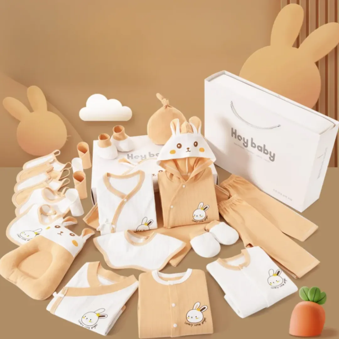 Coffret Cadeau Naissance 24 Pièces – Ensemble Vêtements Bébé 100% Coton Unisexe avec Motifs Lapin