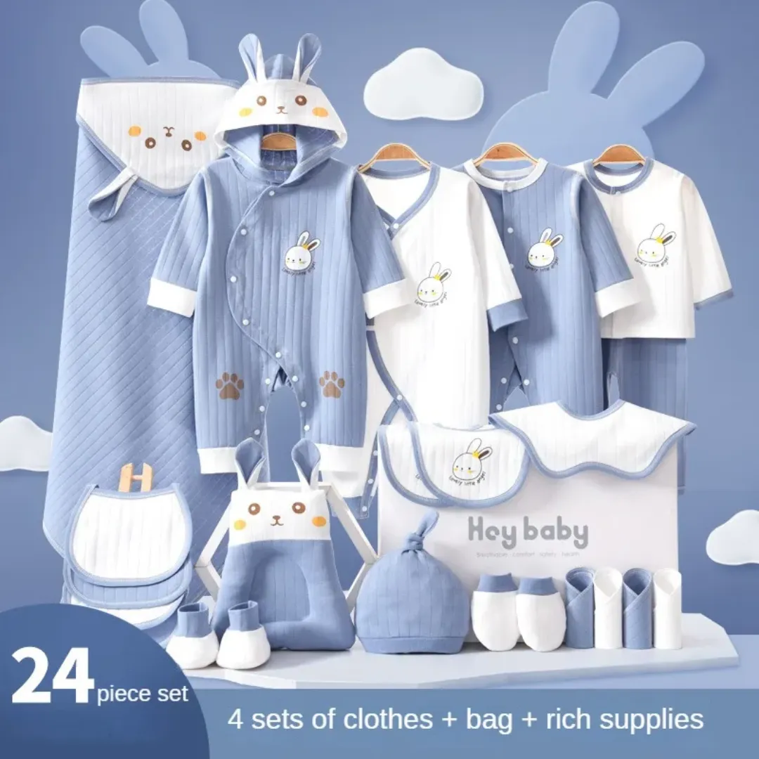 Coffret Cadeau Naissance 24 Pièces – Ensemble Vêtements Bébé 100% Coton Unisexe avec Motifs Lapin