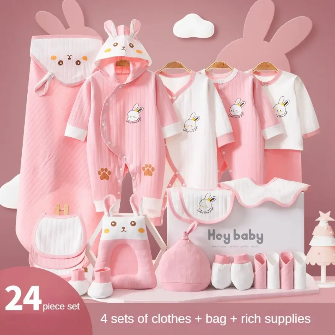 Coffret Cadeau Naissance 24 Pièces – Ensemble Vêtements Bébé 100% Coton Unisexe avec Motifs Lapin
