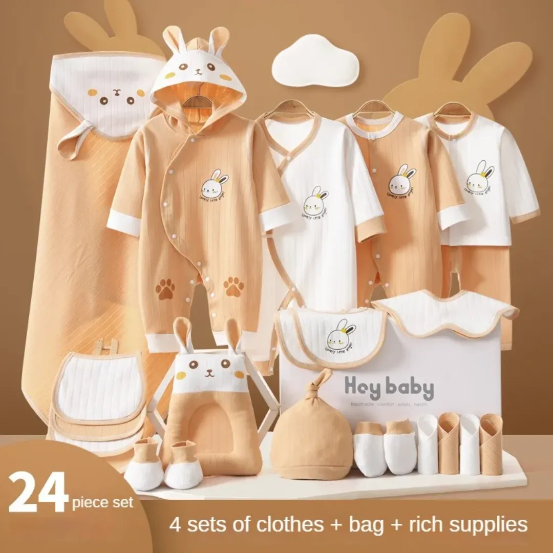 Coffret Cadeau Naissance 24 Pièces – Ensemble Vêtements Bébé 100% Coton Unisexe avec Motifs Lapin