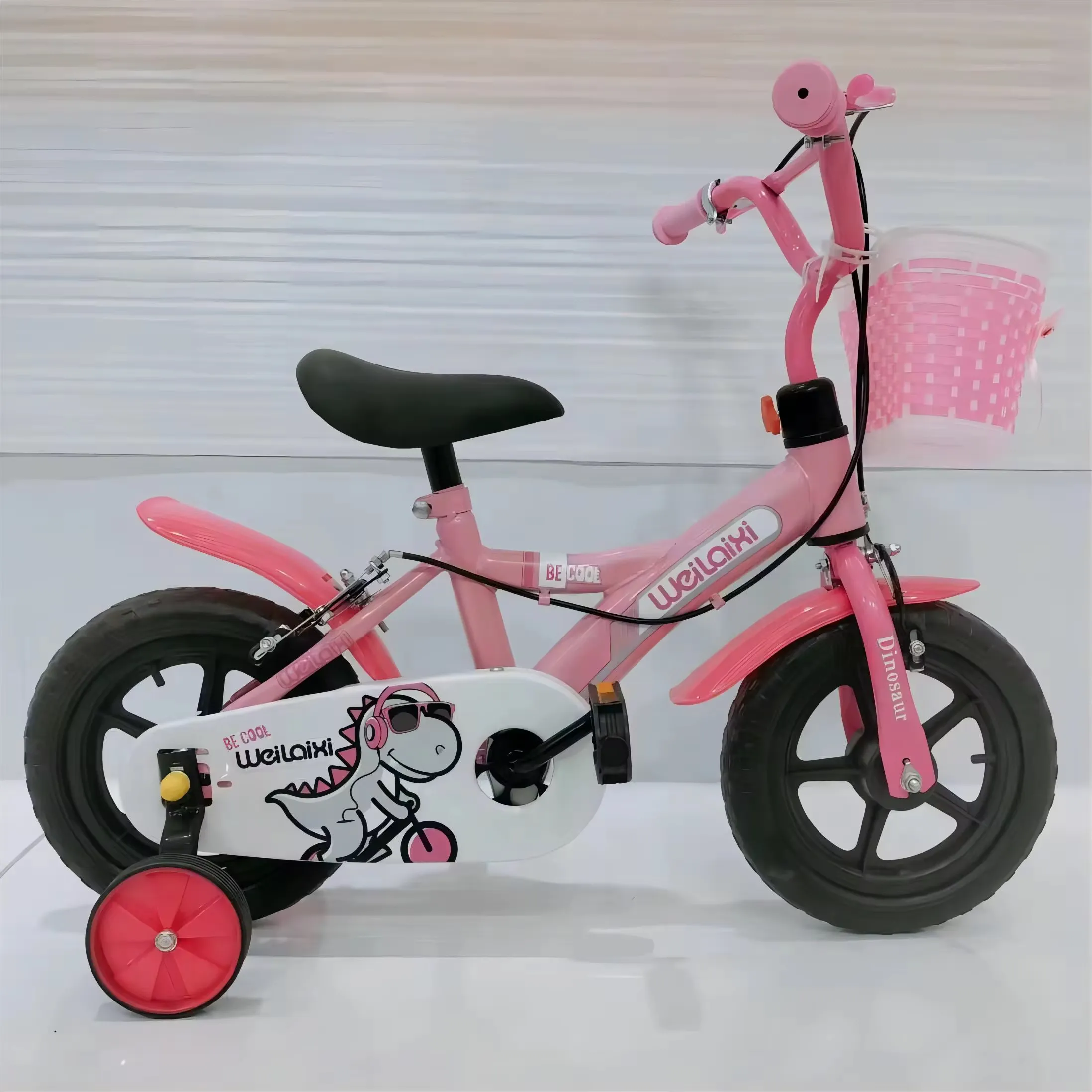 Vélo Enfant Dino 12-20 Pouces – Cadre Renforcé, Design T-Rex, Panier Avant et Roues d’Appui