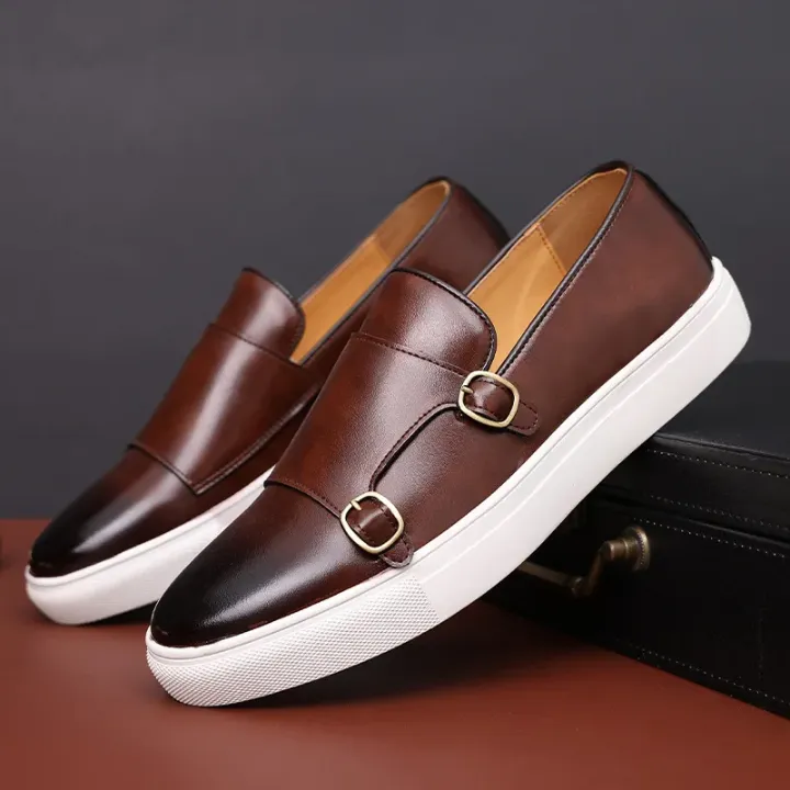 Mocassins Décontractés Homme – Cuir Marron avec Boucles et Semelle Blanche