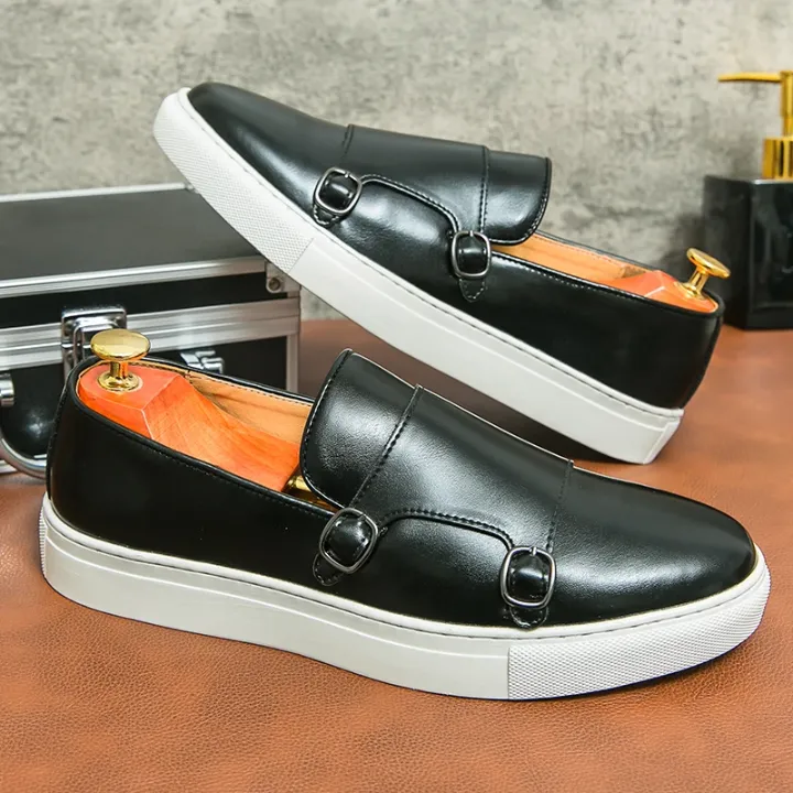 Mocassins Décontractés Homme – Cuir Marron avec Boucles et Semelle Blanche