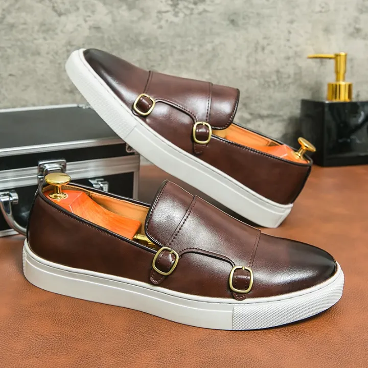 Mocassins Décontractés Homme – Cuir Marron avec Boucles et Semelle Blanche