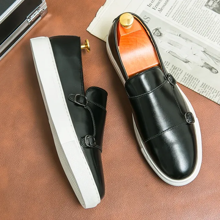 Mocassins Décontractés Homme – Cuir Marron avec Boucles et Semelle Blanche