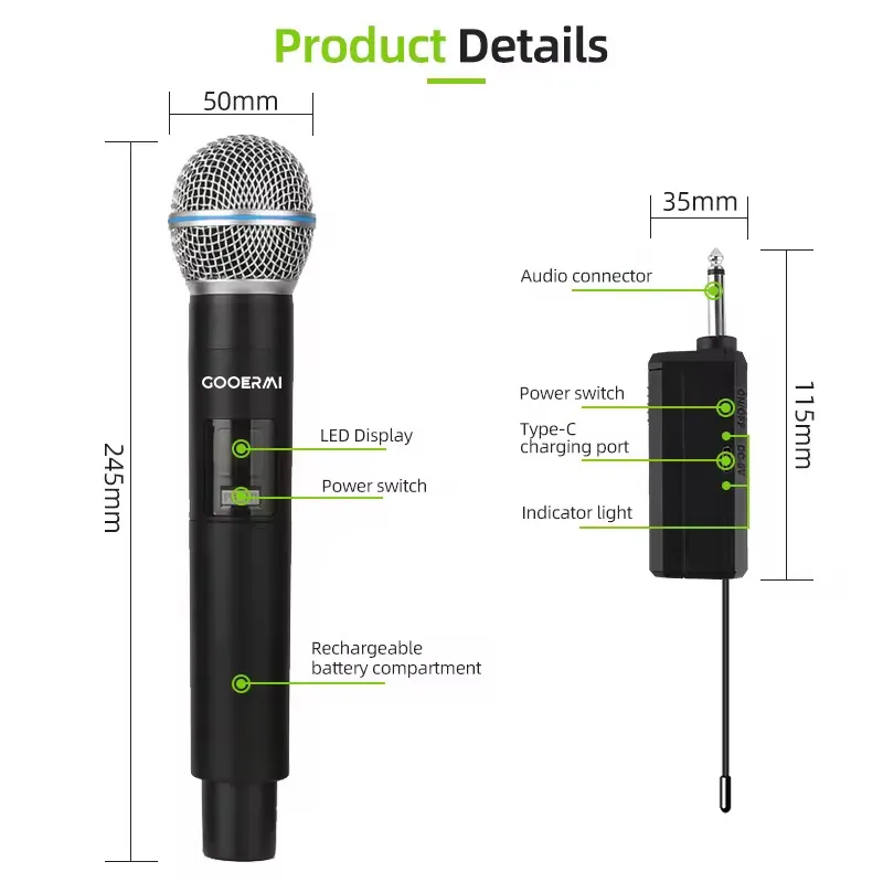 🎤 Microphone Sans Fil Professionnel GOOEMicrophones sans fil GOOERMI MIM-MRA58 - Duo professionnel rechargeable avec récepteur Jack 6.35mm