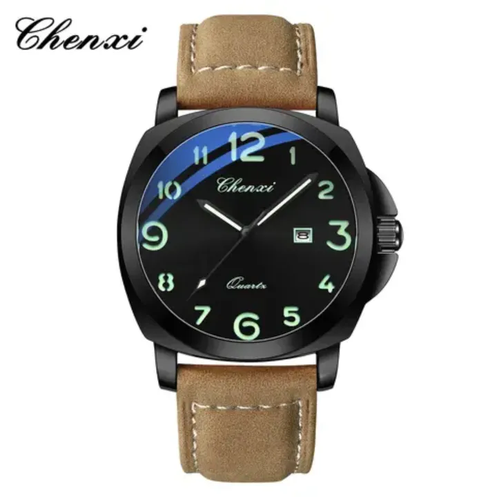 Montre Homme Chenxi Quartz – Boîtier Doré, Bracelet en Cuir et Chiffres Luminescents