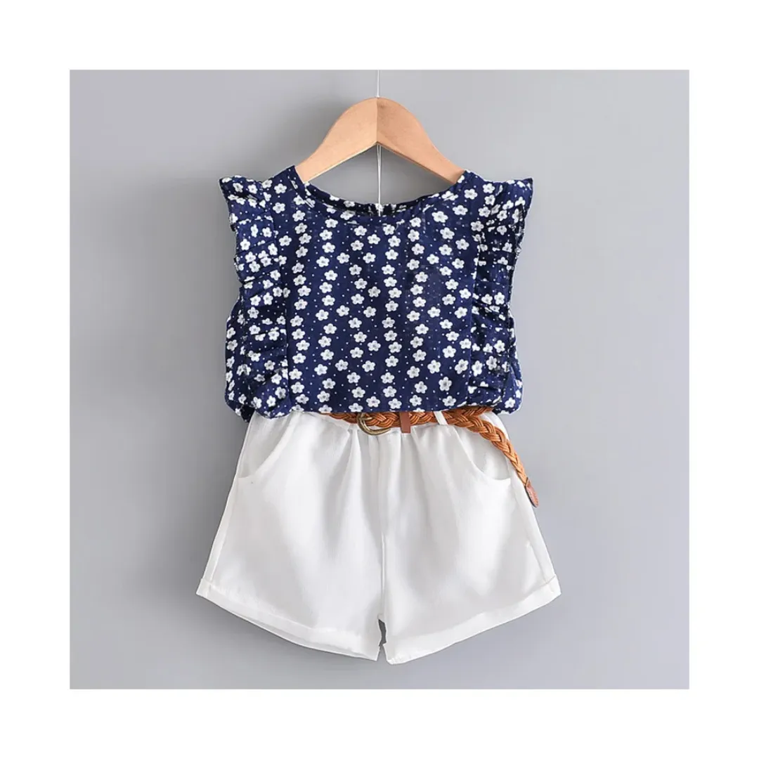 Ensemble été fille – Haut sans manches à volants fleuri & short blanc avec ceinture tressée