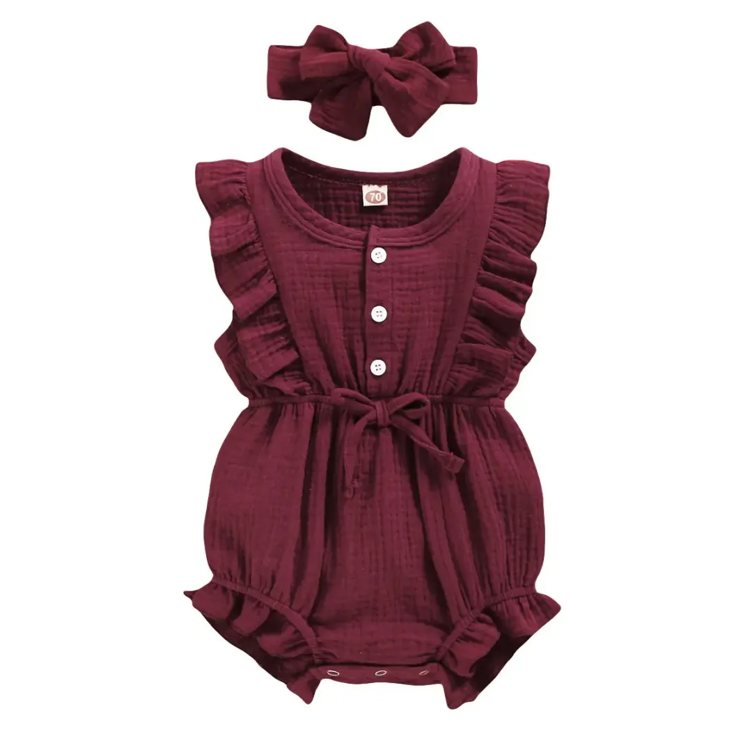 Barboteuse bébé fille en coton gaufré avec bandeau – Jaune moutarde