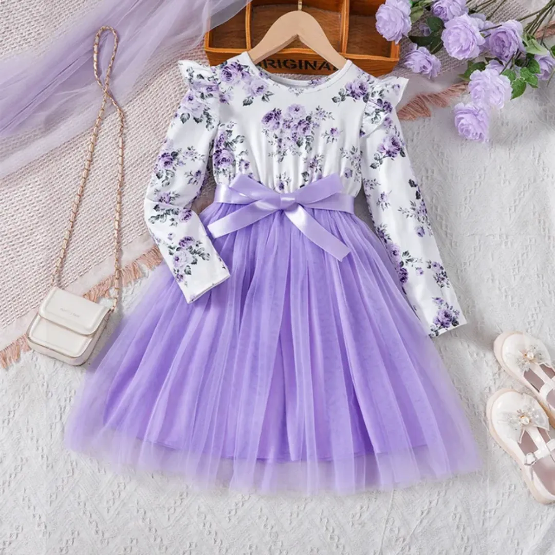 Robe Fille Élégante à Manches Longues – Haut Floral & Jupe en Tulle avec Nœud