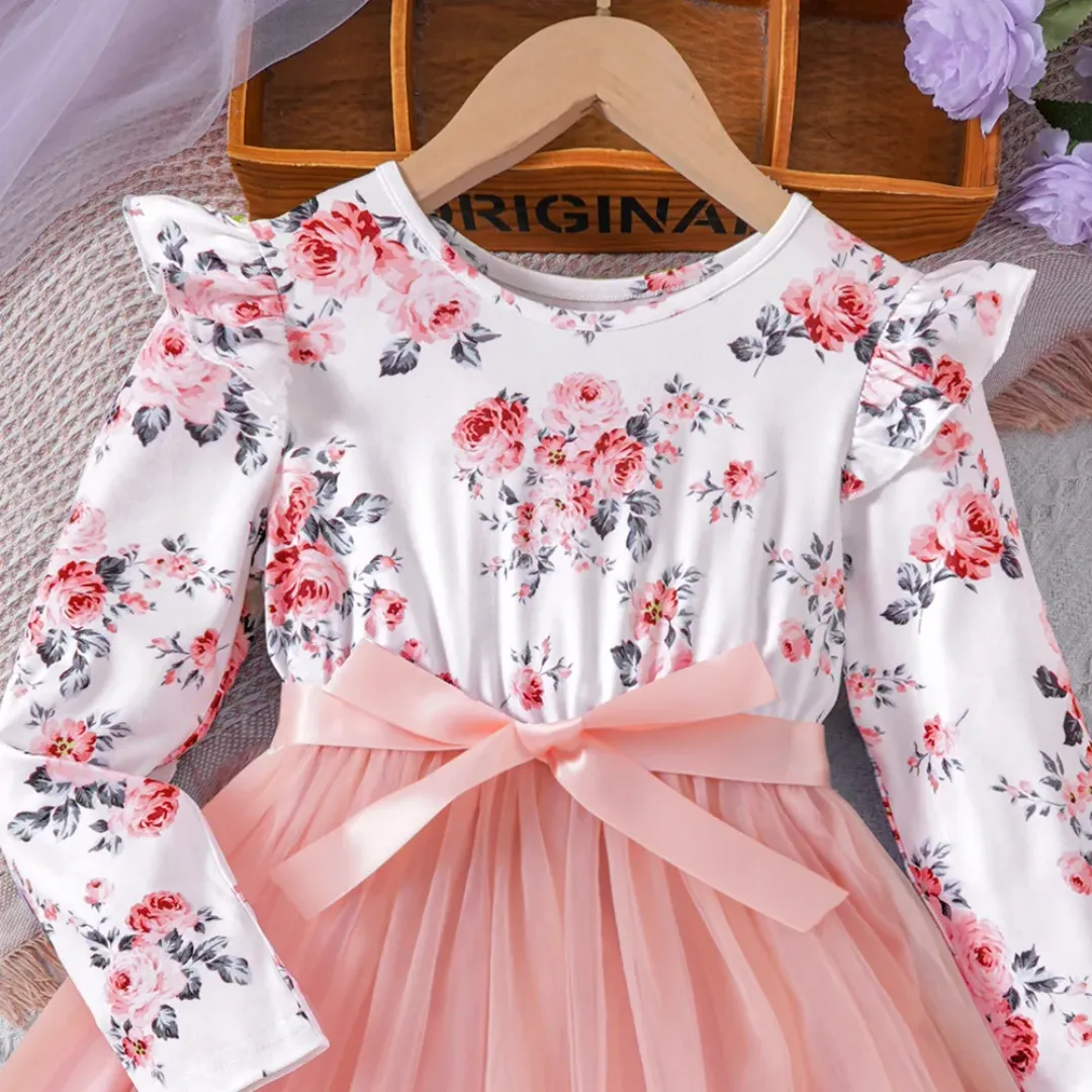 Robe Fille Élégante à Manches Longues – Haut Floral & Jupe en Tulle avec Nœud