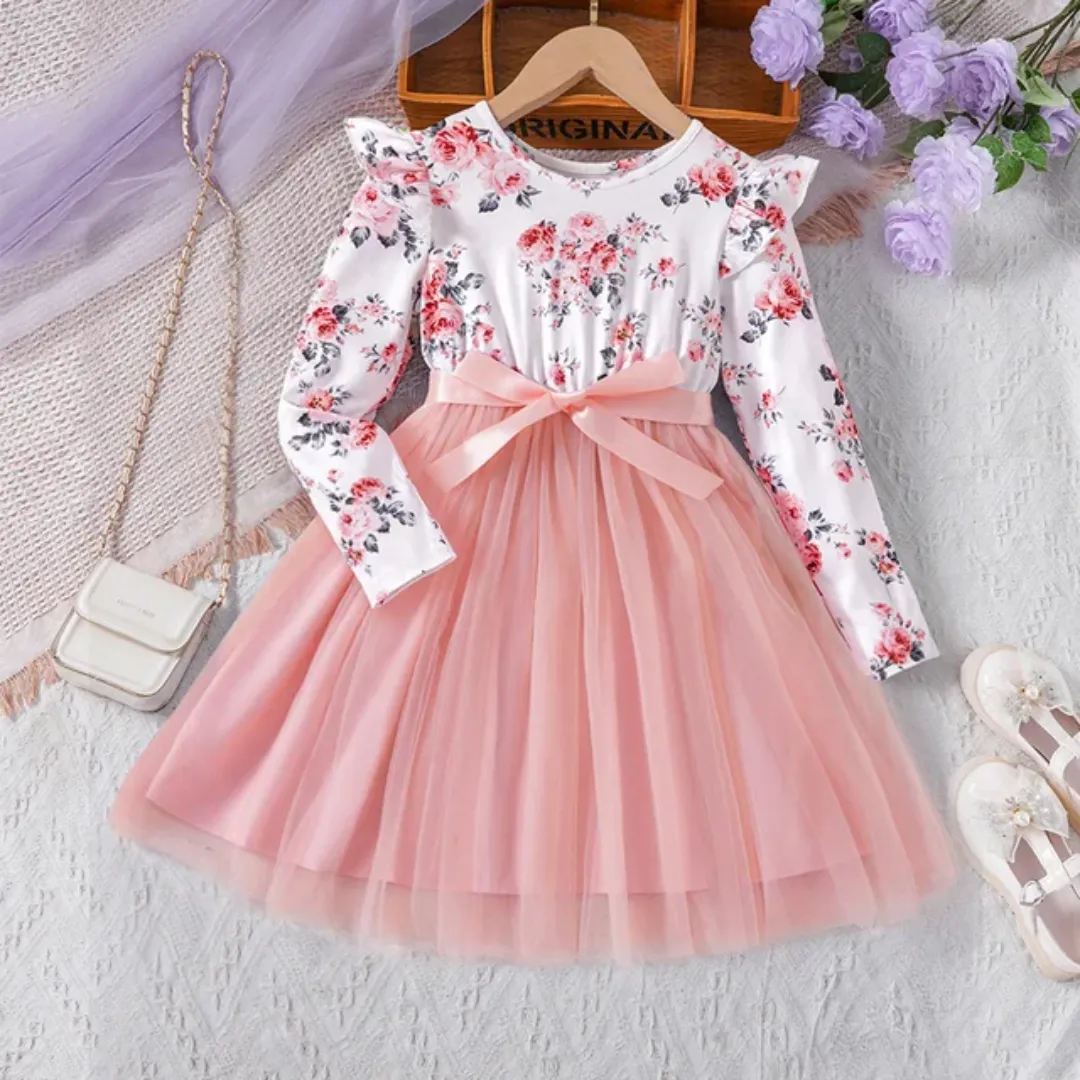 Robe Fille Élégante à Manches Longues – Haut Floral & Jupe en Tulle avec Nœud