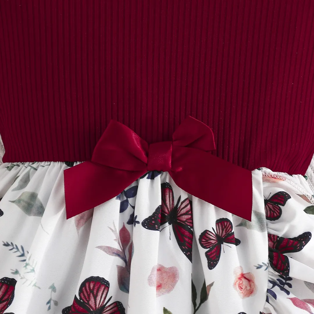 Robe Fille Été Imprimé Papillon – Haut Rouge à Volants & Jupe Fleurie