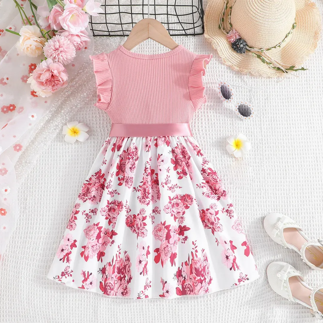 Robe Fille Été Rose à Volants – Haut Uni & Jupe Fleurie avec Nœud