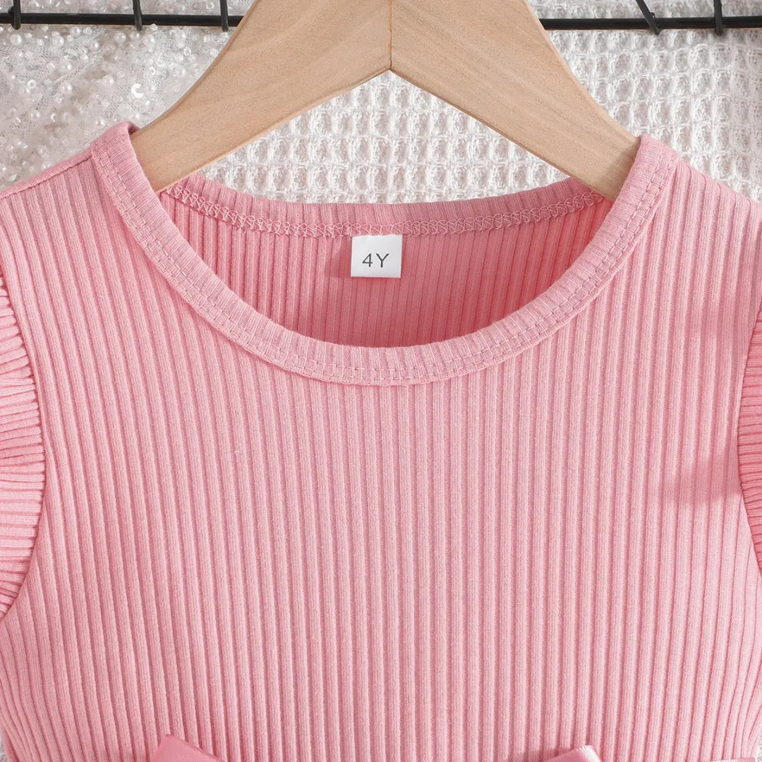 Robe Fille Été Rose à Volants – Haut Uni & Jupe Fleurie avec Nœud