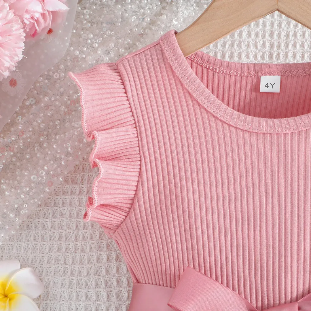 Robe Fille Été Rose à Volants – Haut Uni & Jupe Fleurie avec Nœud