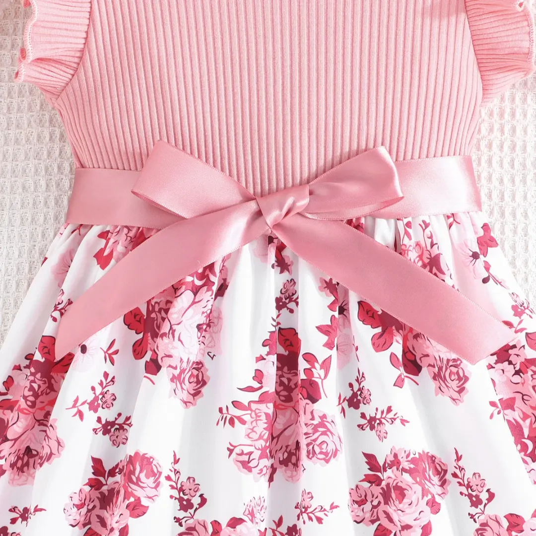 Robe Fille Été Rose à Volants – Haut Uni & Jupe Fleurie avec Nœud
