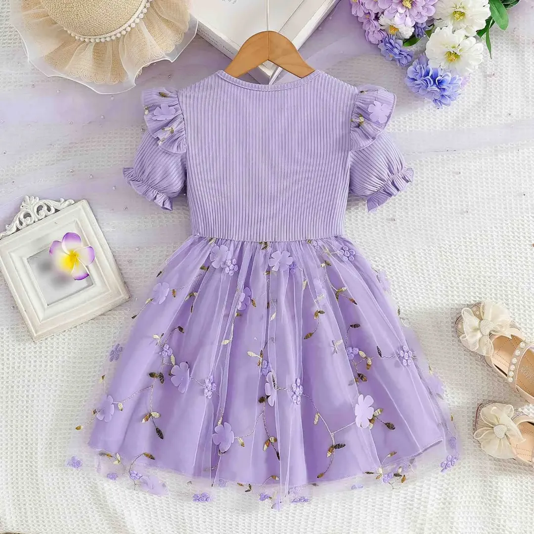 Robe princesse fille en tulle brodé – Couleur lavande