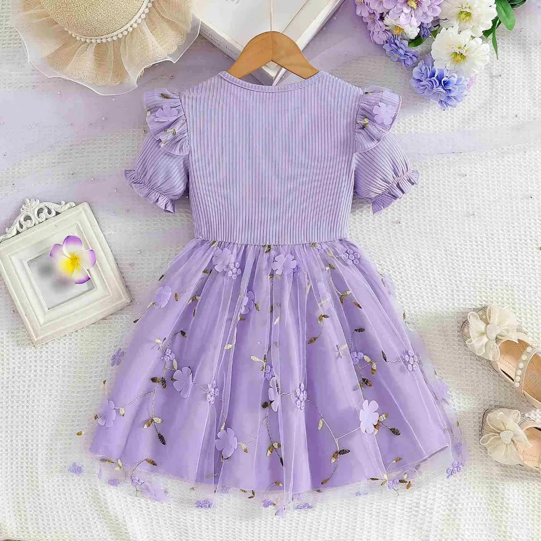 Robe princesse fille en tulle brodé – Couleur lavande