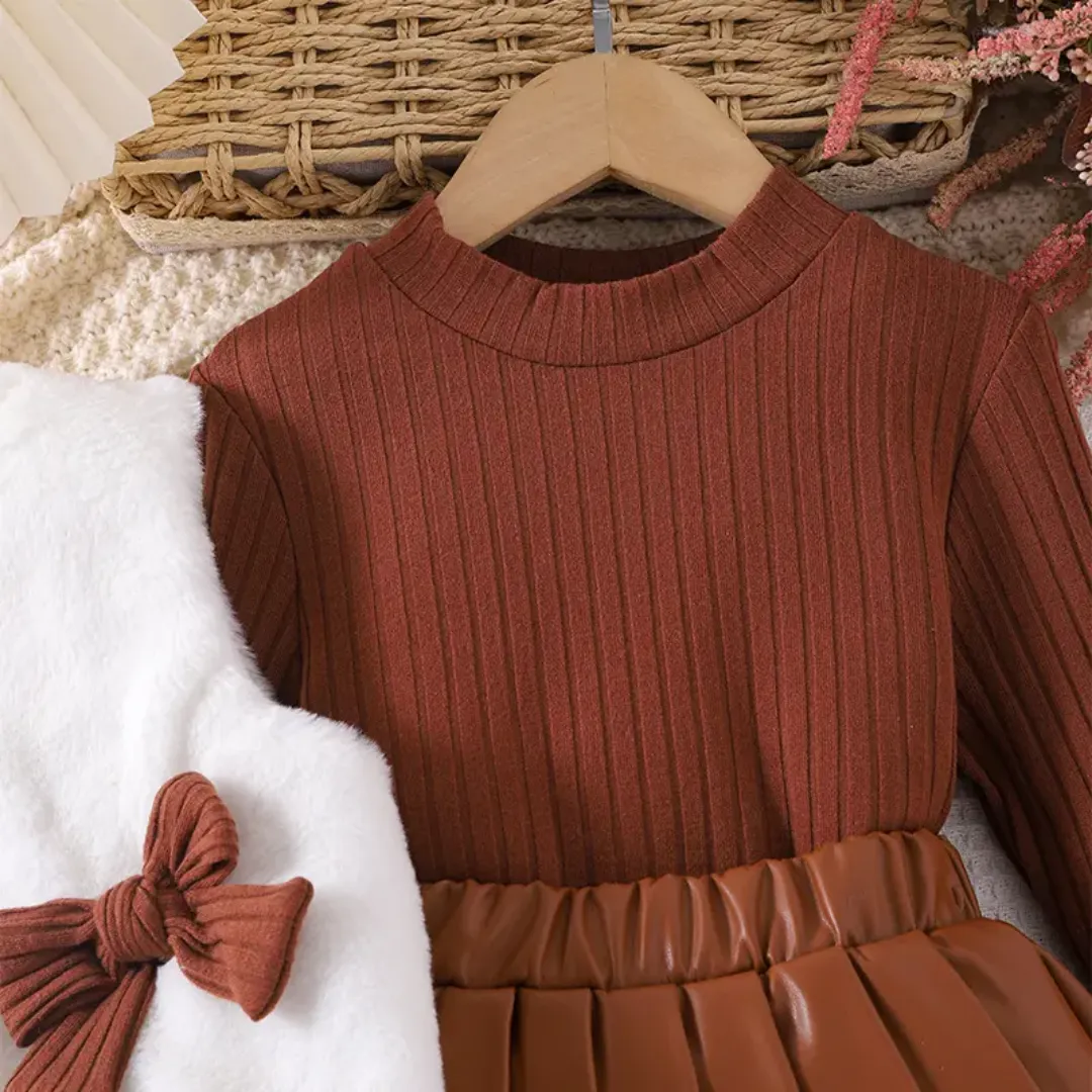 Ensemble automne/hiver fille – Robe plissée marron avec gilet sans manches blanc et nœuds décoratifs