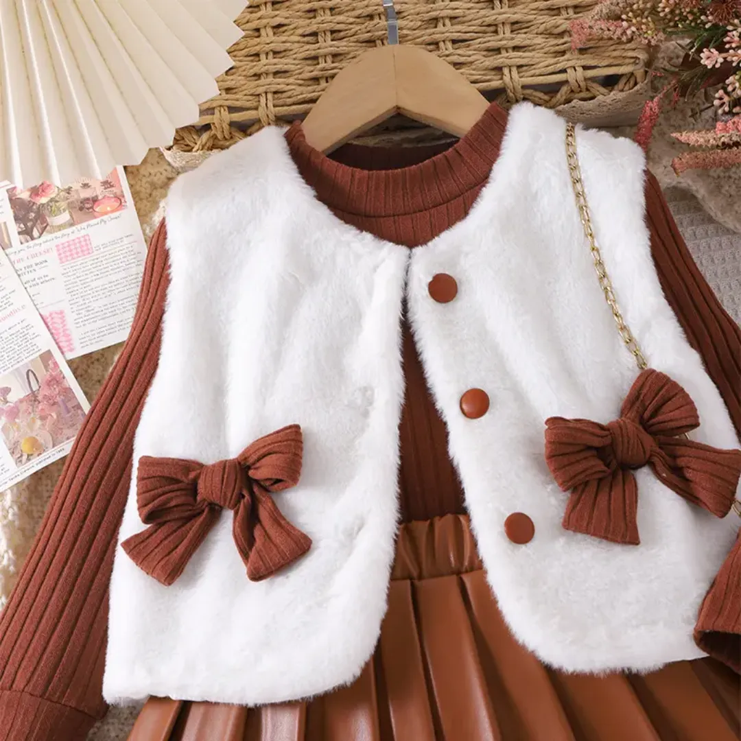 Ensemble automne/hiver fille – Robe plissée marron avec gilet sans manches blanc et nœuds décoratifs
