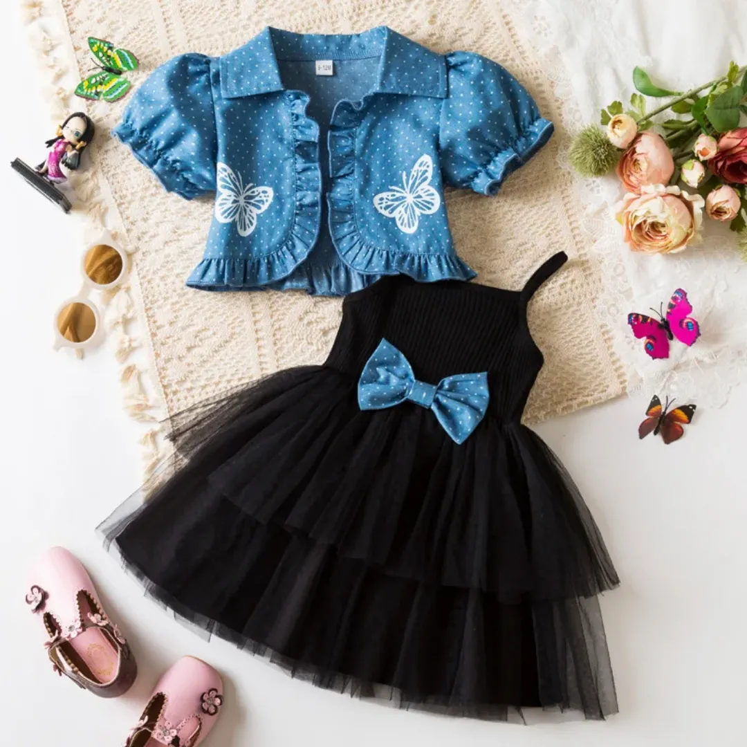 Robe blanche fille avec nœud et boléro bleu à papillons