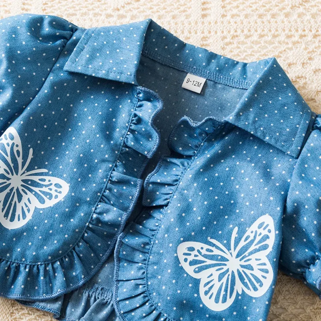 Robe blanche fille avec nœud et boléro bleu à papillons