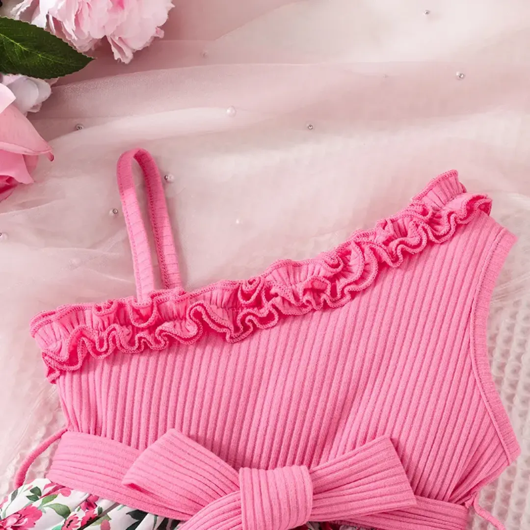 Robe d’été bébé fille une épaule – Rose & fleurs avec nœud élégant
