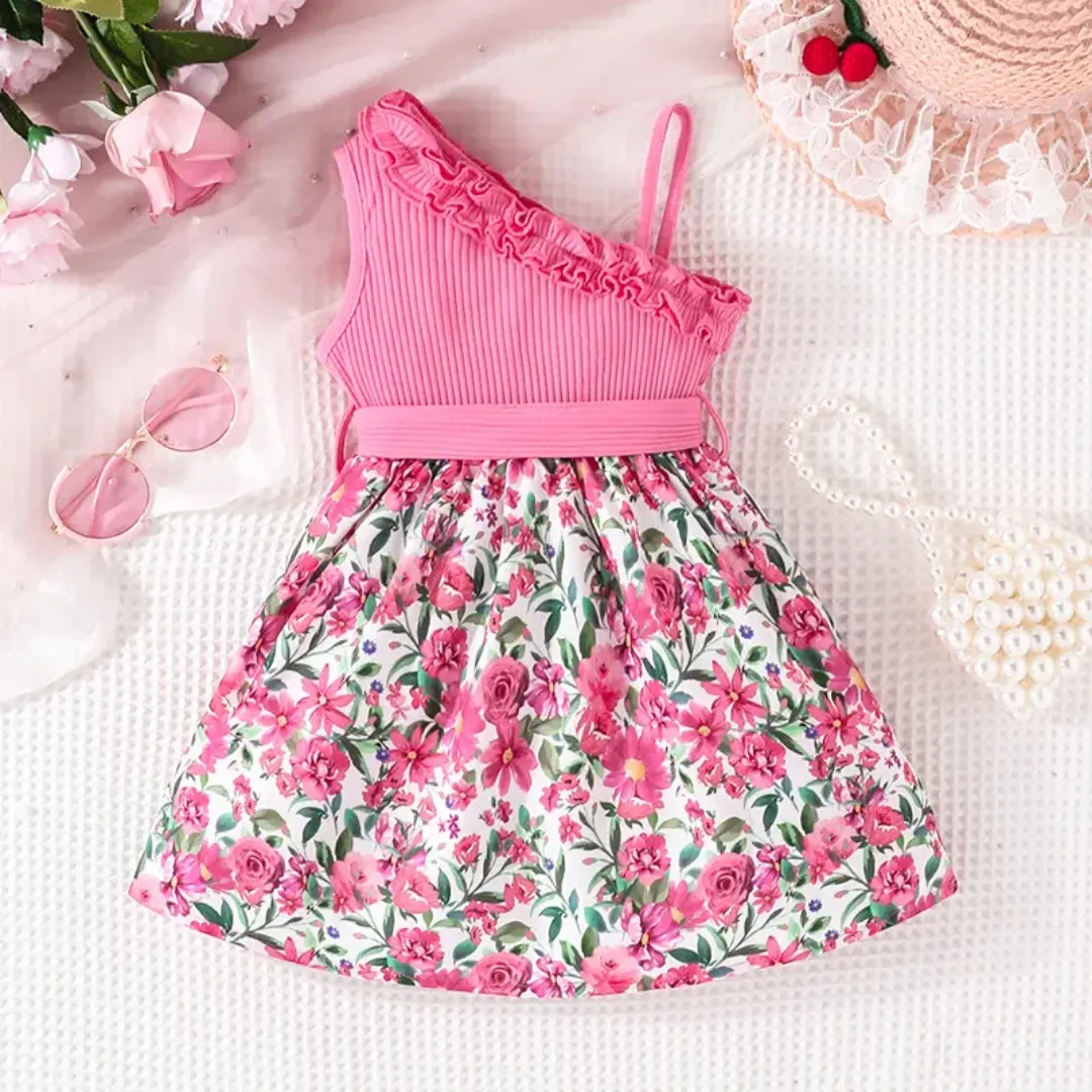 Robe d’été bébé fille une épaule – Rose & fleurs avec nœud élégant