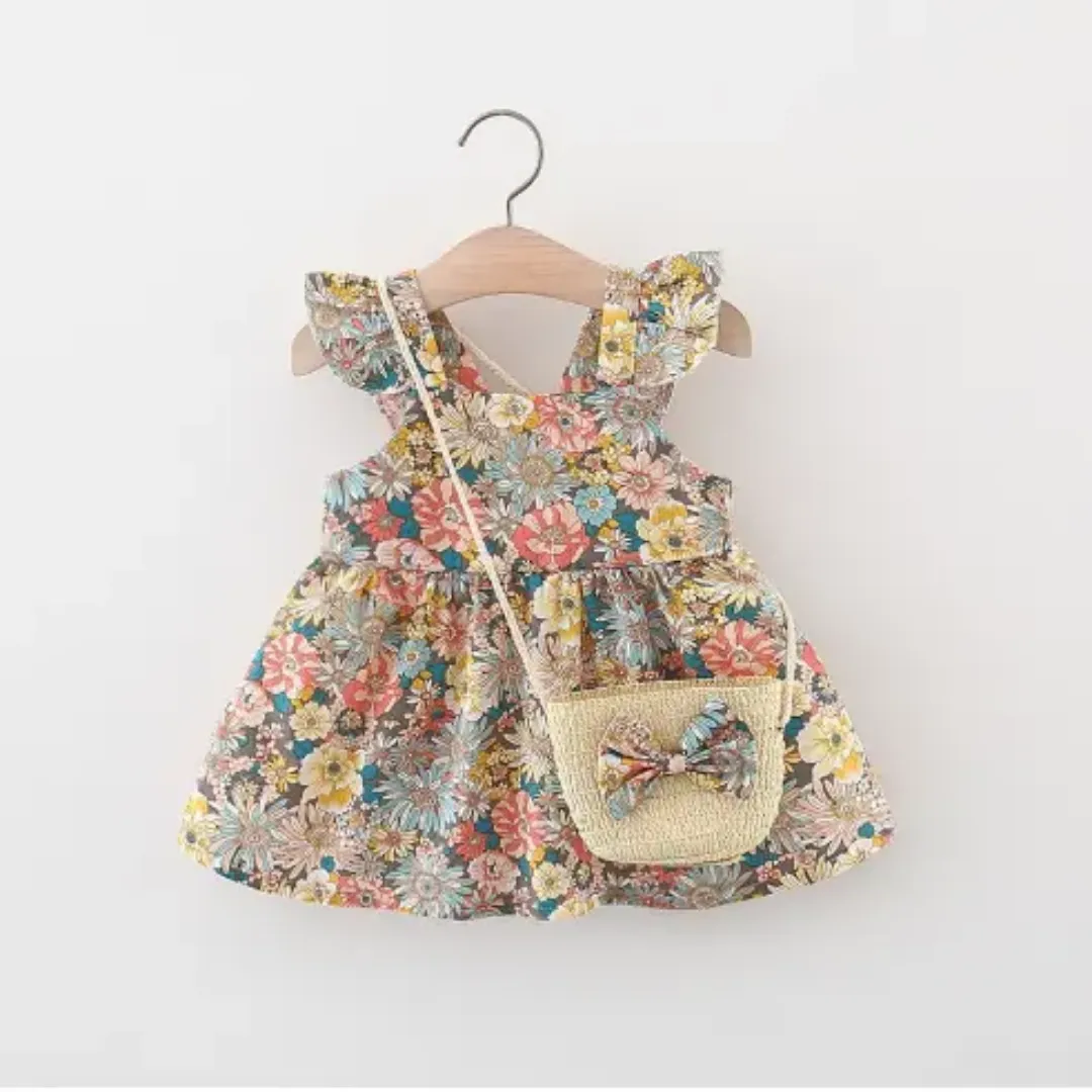 Robe fleurie bébé fille avec sac assorti – Style été chic