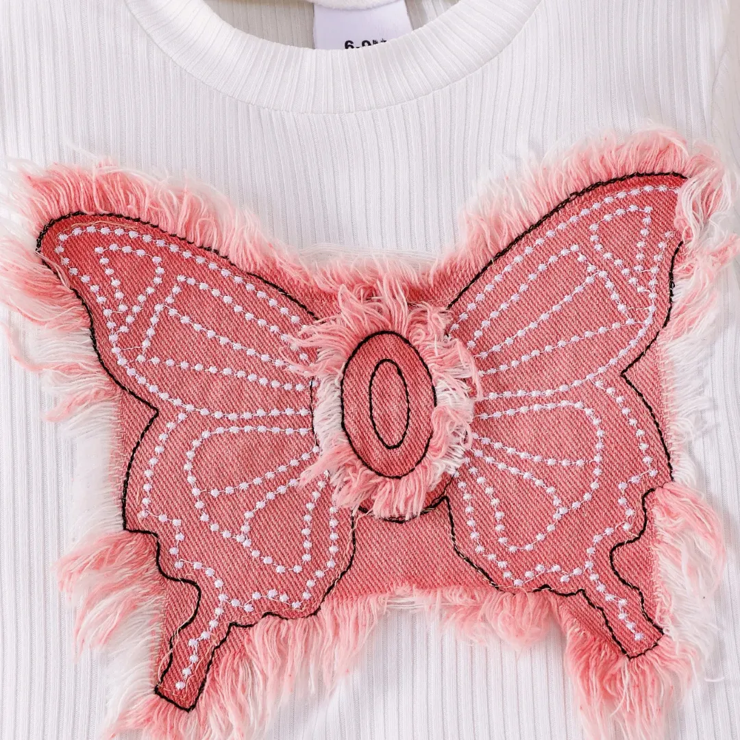 Ensemble fille chic – Haut papillon et pantalon jean avec nœuds