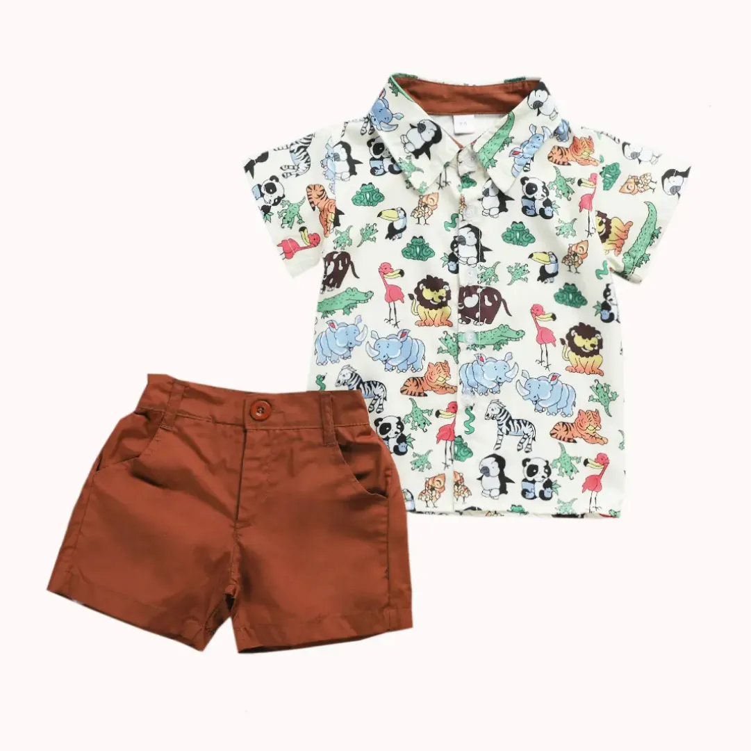 Ensemble bébé garçon imprimé safari avec chemise et short vert