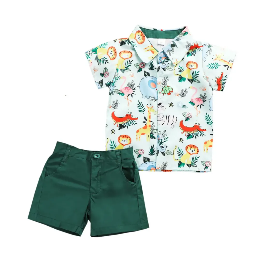 Ensemble bébé garçon imprimé safari avec chemise et short vert