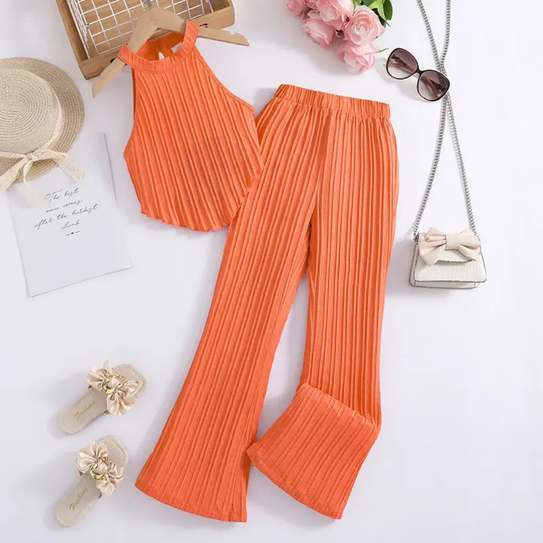 Ensemble fille chic 2 pièces – top sans manches + pantalon large