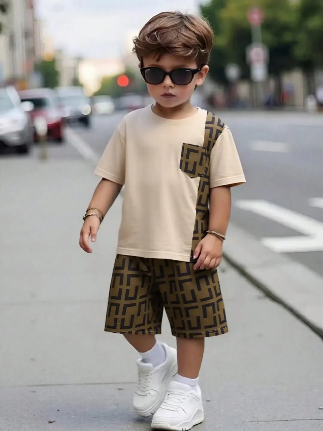 Ensemble garçon été beige à motifs géométriques – T-shirt + short