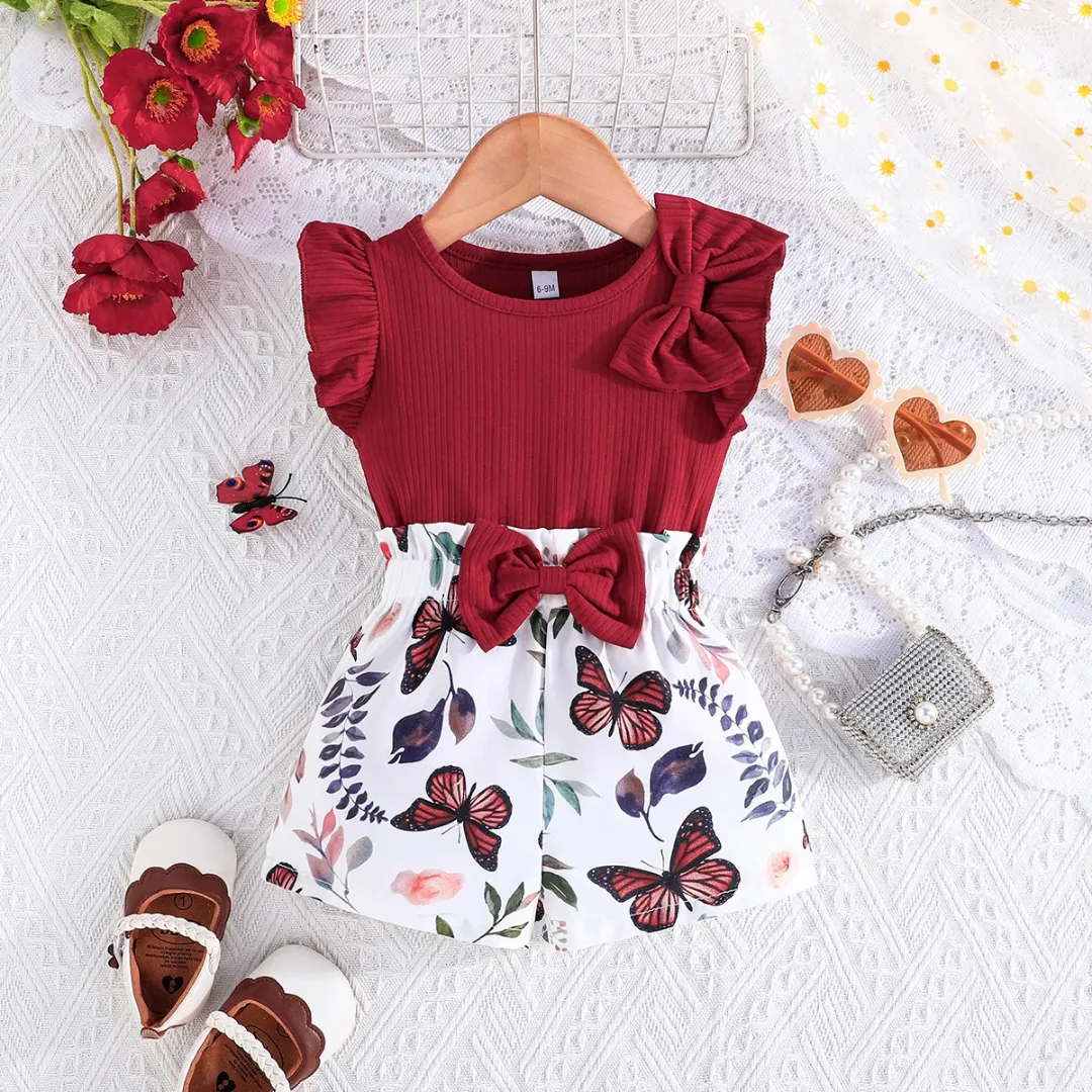 Ensemble d'été pour bébé fille : T-shirt uni et short imprimé