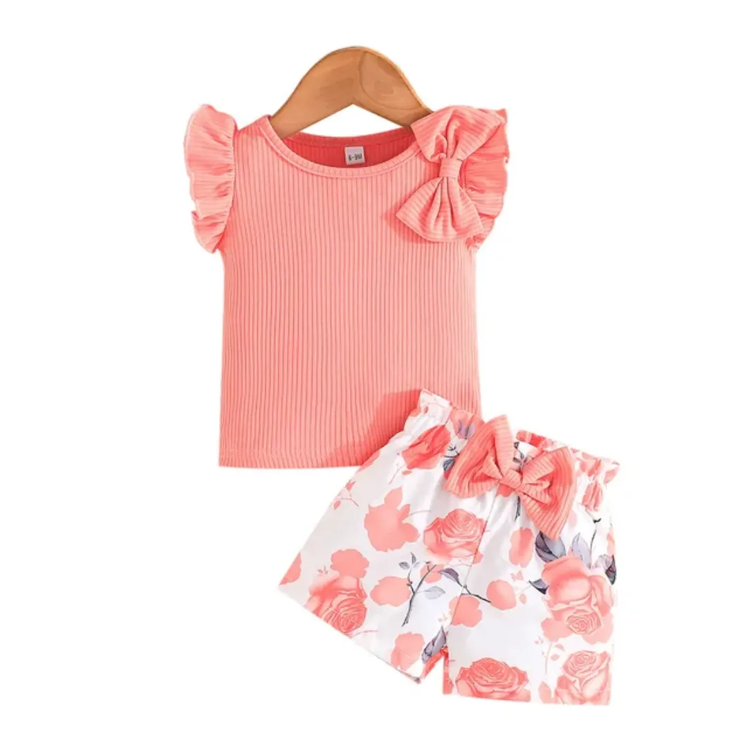 Ensemble d'été pour bébé fille : T-shirt uni et short imprimé