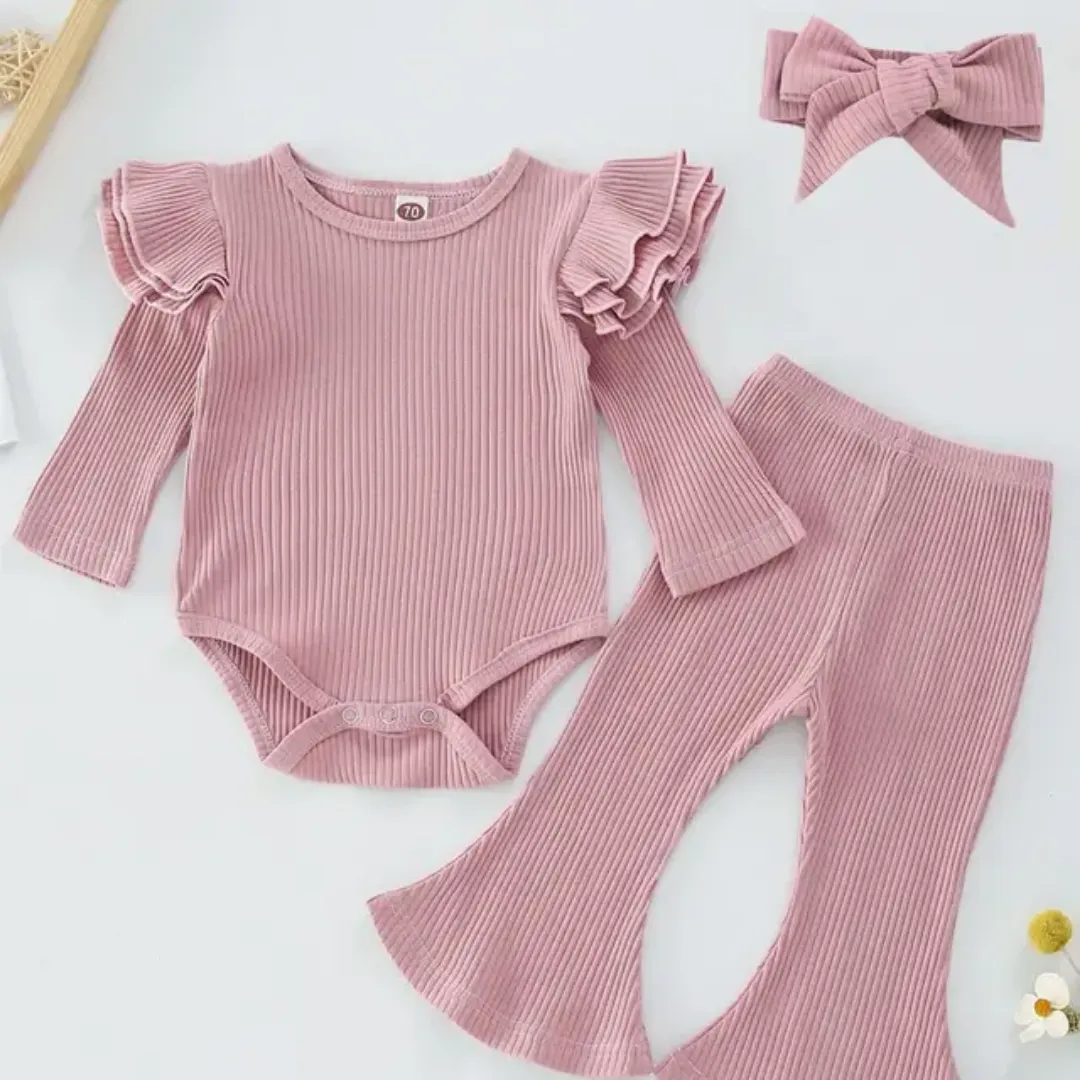 Ensemble 3 pièces automne pour bébé fille : barboteuse côtelée, pantalon évasé et accessoire