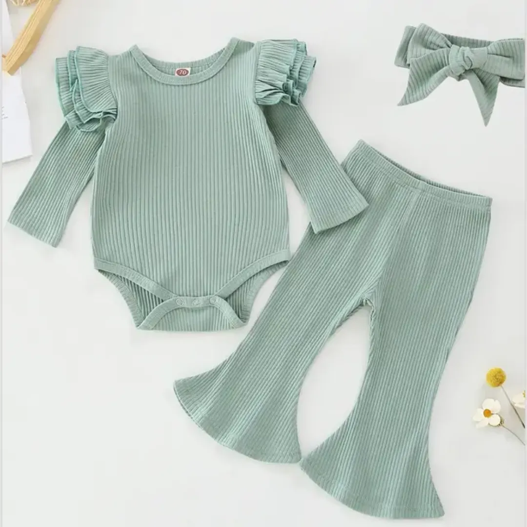 Ensemble 3 pièces automne pour bébé fille : barboteuse côtelée, pantalon évasé et accessoire