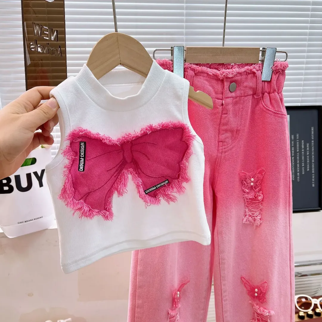 Costume deux-pièces d'été pour fille Jeans déchirés sans manches avec denim floral