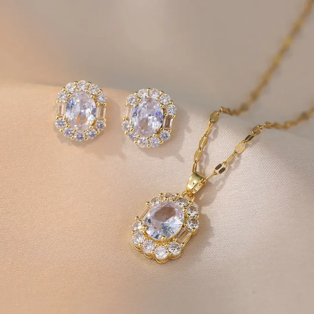 Ensemble de bijoux classique en acier inoxydable plaqué or fleur Zircon Design pendentif collier et boucle d'oreille pour cadeau