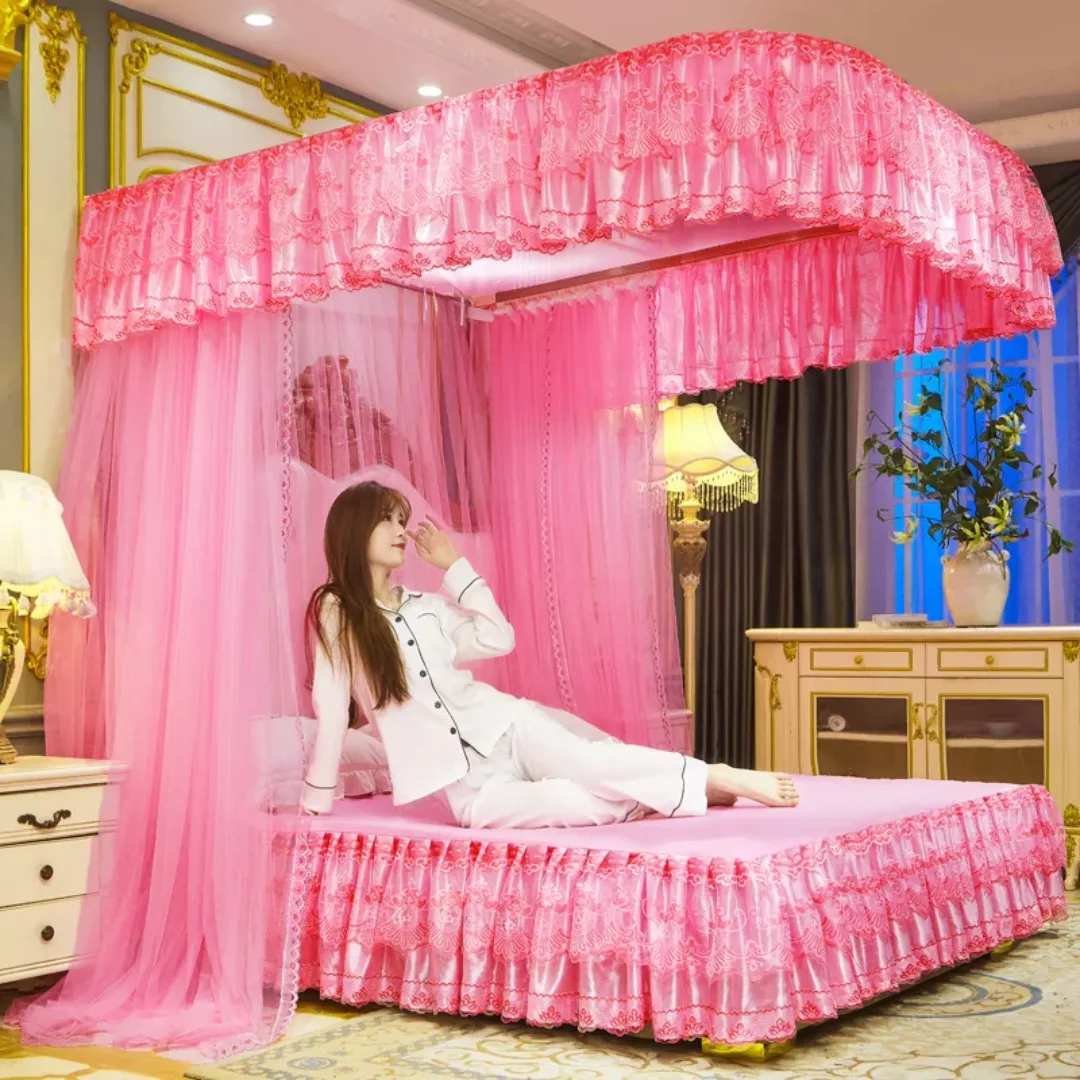 Style Coréen Dentelle Rose Broderie Double Nylon Mélange Rideaux De Lit 4 Coin Poteau Auvent Moustiquaire