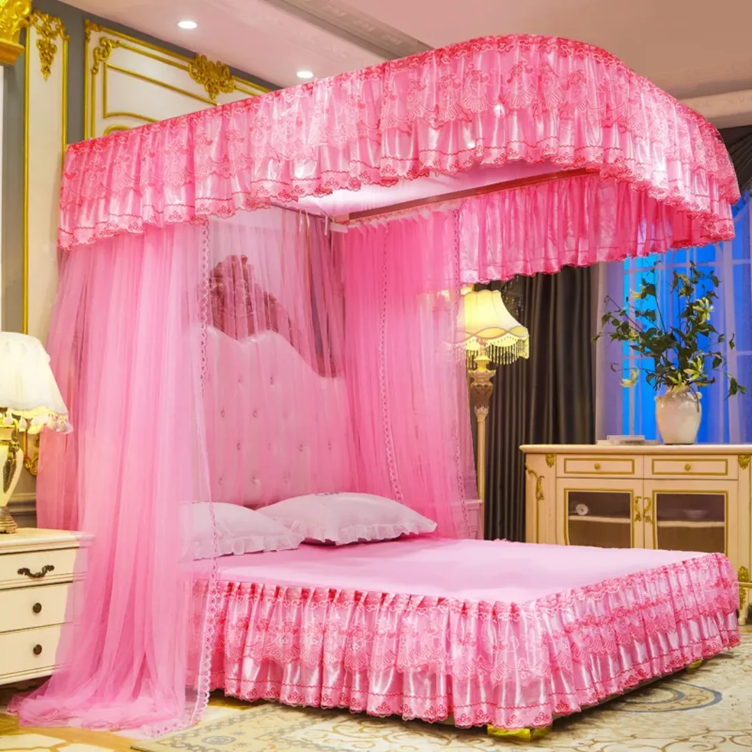 Style Coréen Dentelle Rose Broderie Double Nylon Mélange Rideaux De Lit 4 Coin Poteau Auvent Moustiquaire